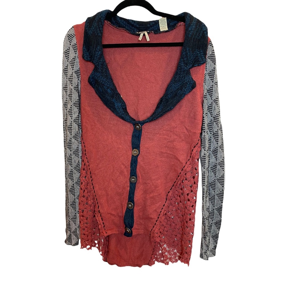 gimmicks by BKE Coral & Navy Mixed-Media Cardigan with Patterned Sleeves